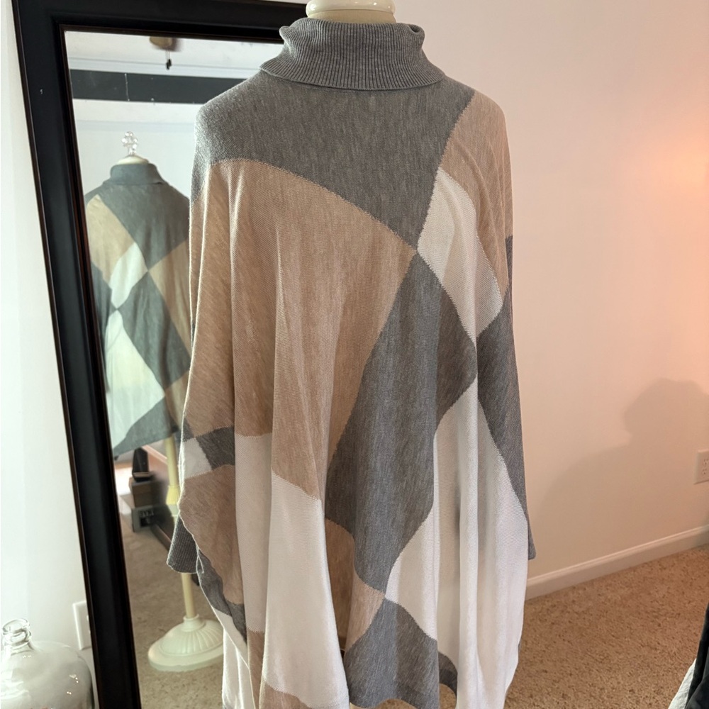 CALVIN KLEIN Gray and Tan Cowl Neck Sweater